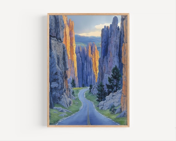 Mountain Canyon Road Tall Rock Spires Sunset Travel Art Poster