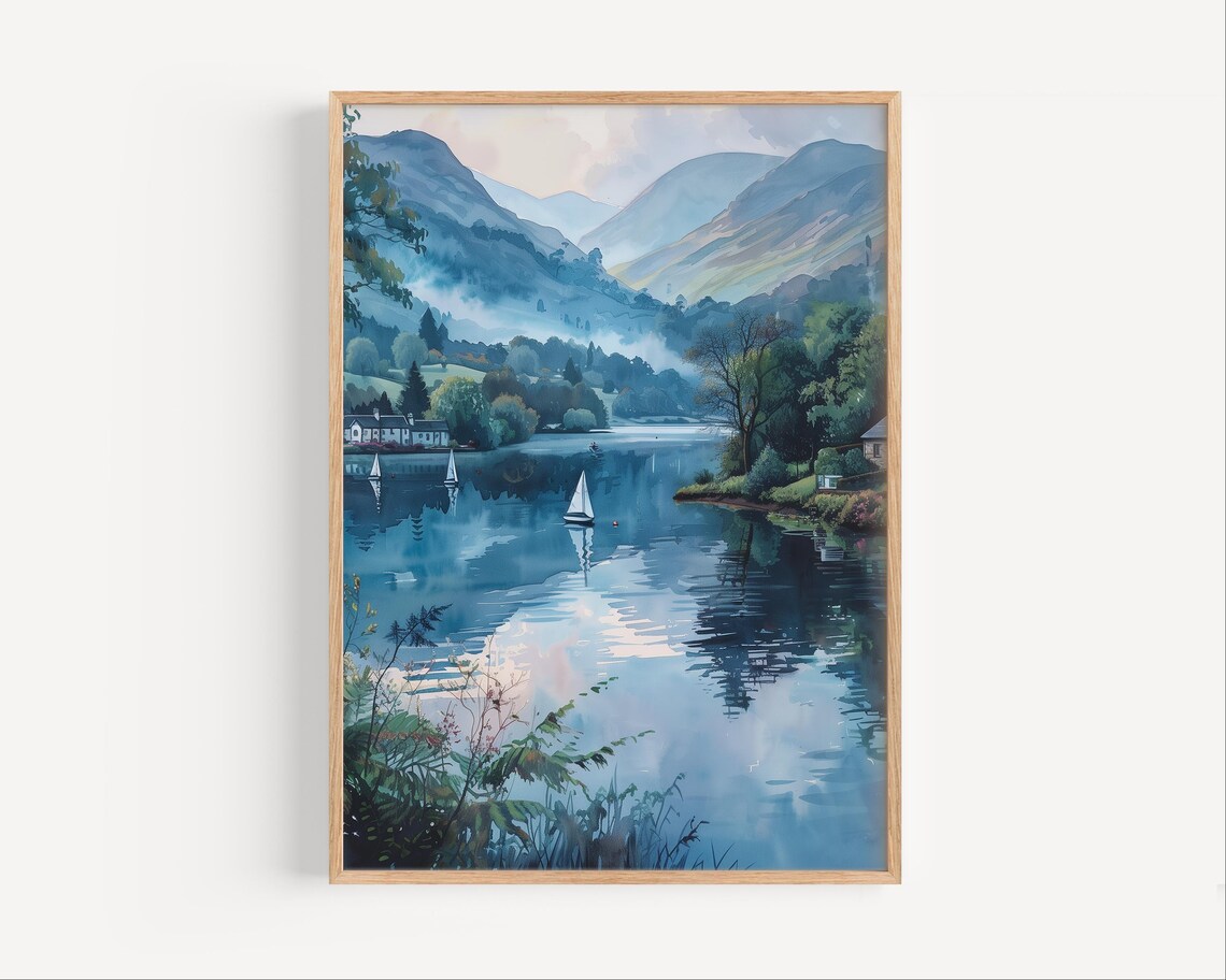 Keswick Lake Watercolor Painting, England Countryside
