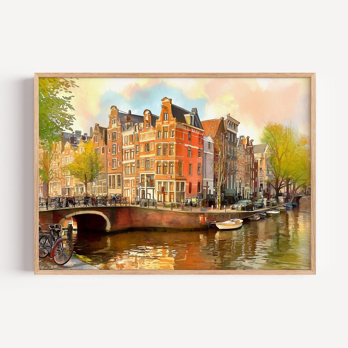 Amsterdam Canal Houses Bridge Bicycles Watercolor Travel Poster
