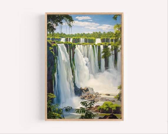 Iguazu Falls Oil Painting Argentina Brazil Waterfall Poster Or Canvas Print Natural Wonder South America Wall Art Gift Paint Style