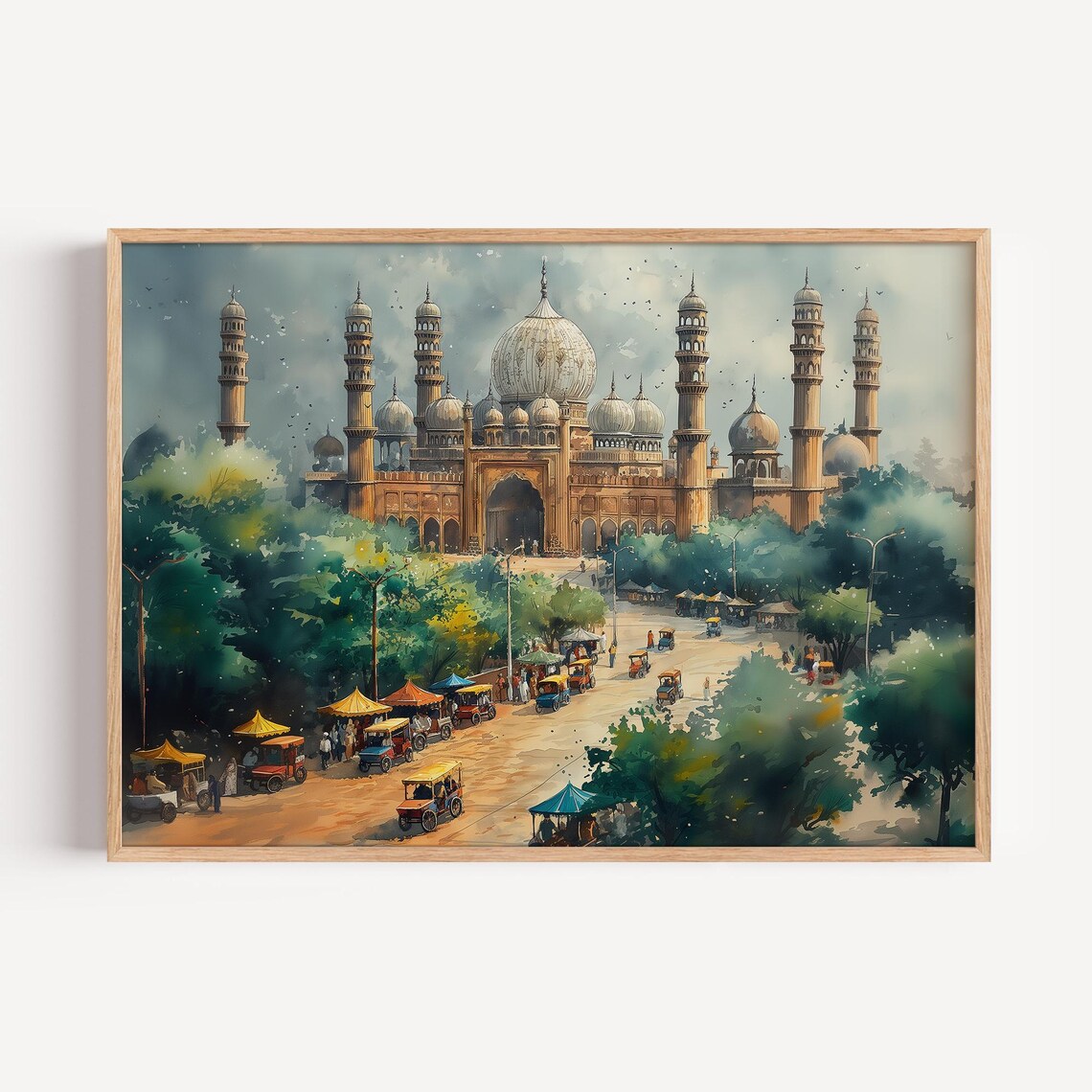 Lahore Pakistan Historic Mosque Market Street Watercolor Poster