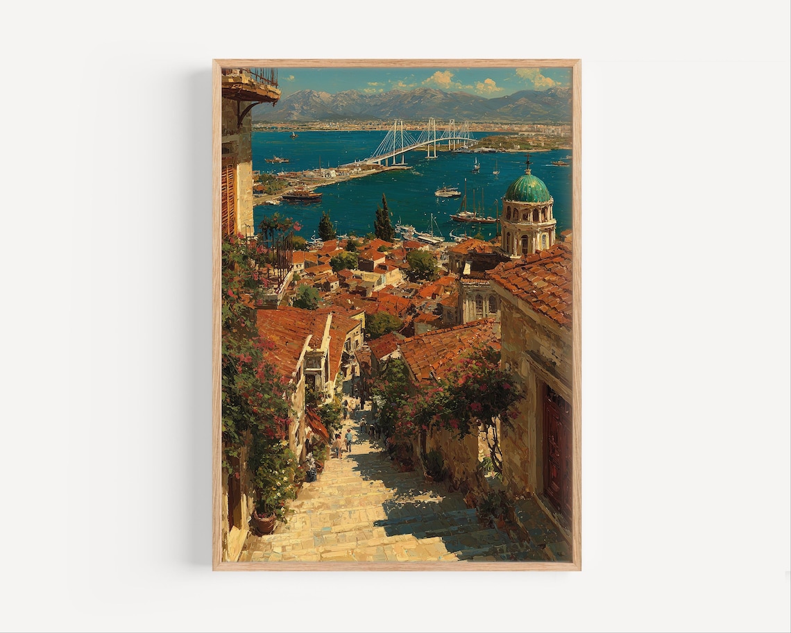 Sunlit Patras Greece Coastal Town Oil Painting Travel Poster
