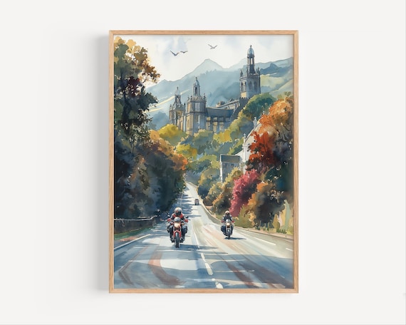 Motorbike Road to Hilltop Cathedral Watercolor Travel Poster