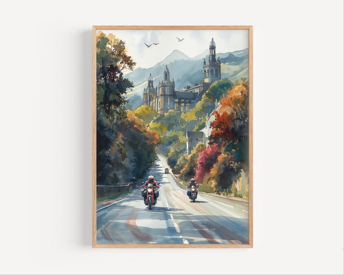 Motorbike Road to Hilltop Cathedral Watercolor Travel Poster