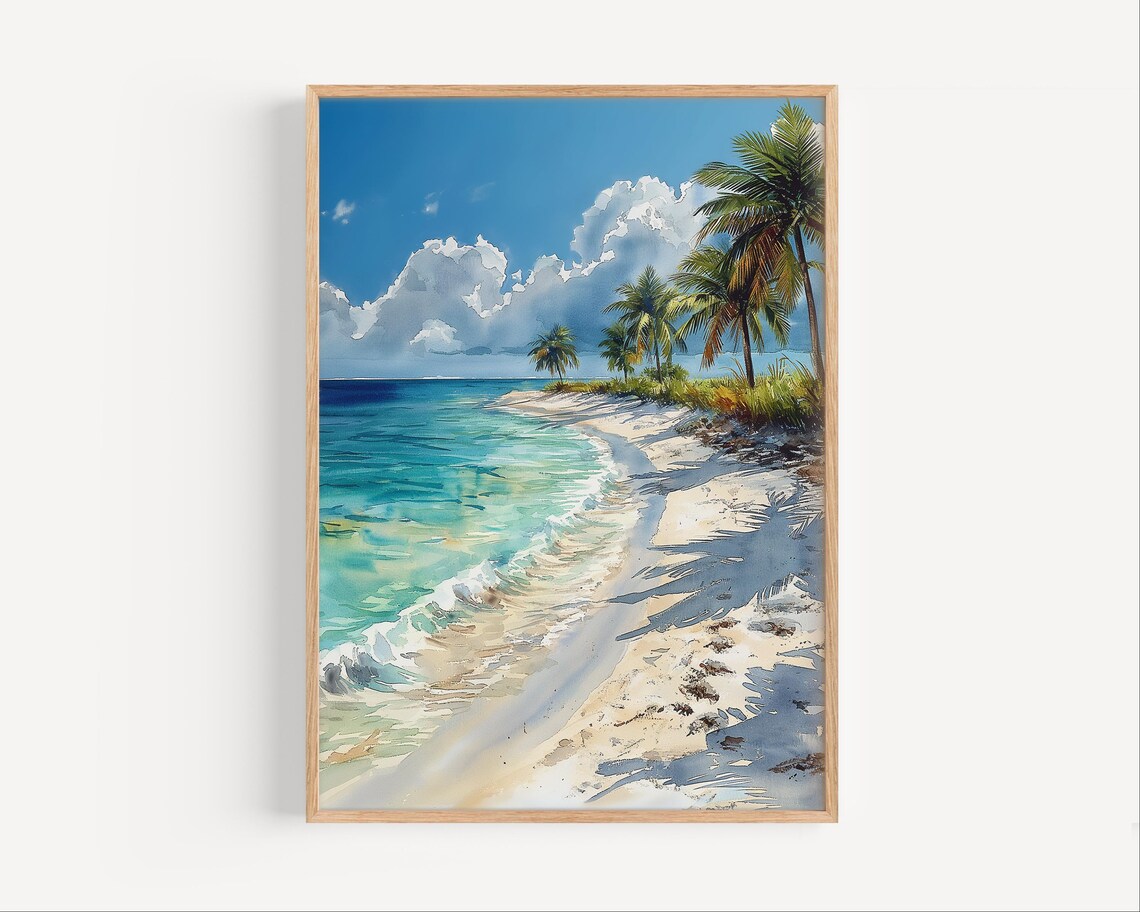 Tropical Beach Palm Trees White Sand Watercolor Painting Print