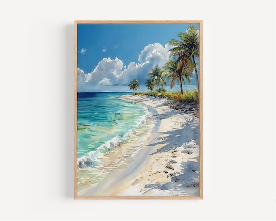 Tropical Beach Palm Trees White Sand Watercolor Painting Print