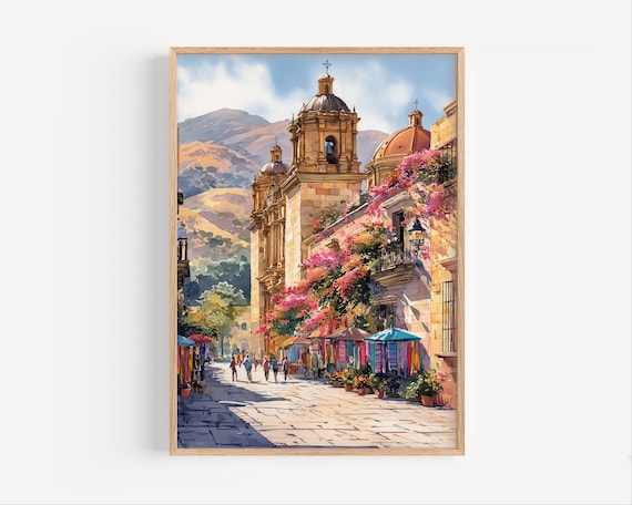 Oaxaca Cathedral Bougainvillea Market Street Mountain Watercolor Poster
