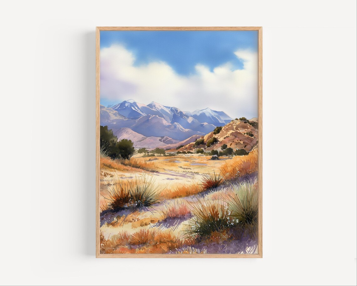 Mountain Valley Golden Grass Watercolor Painting Nature Wall Art