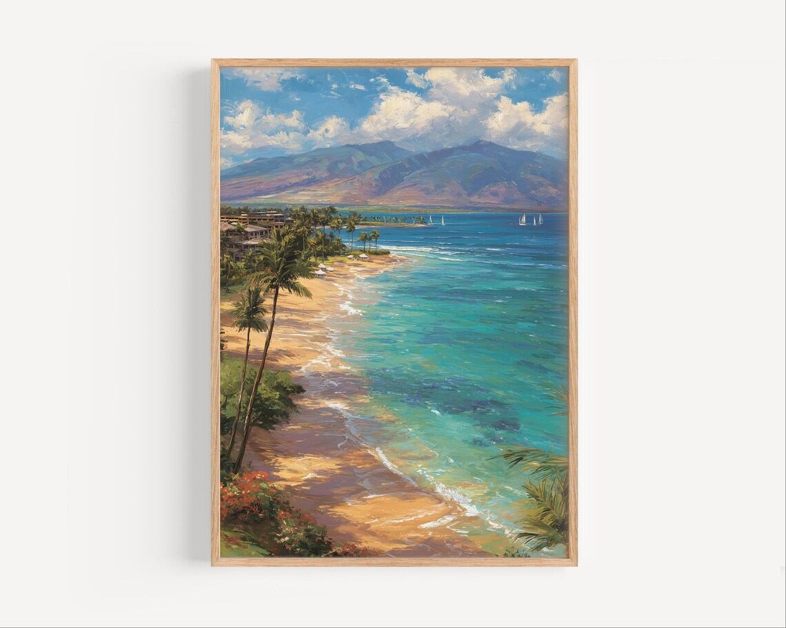 Kaanapali Beach Maui Oil Painting Tropical Palm Coastline Poster