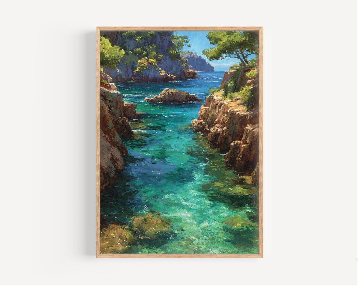 Gorgeous Sunny Cassis Turquoise Inlet Rocky Cliffs Oil Poster