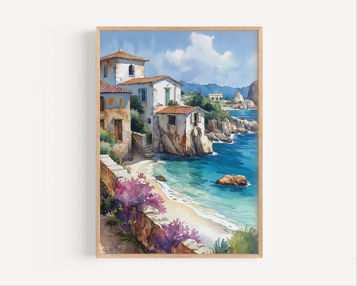 Paphos Cyprus Retro Seaside Villa Mediterranean Watercolor Poster