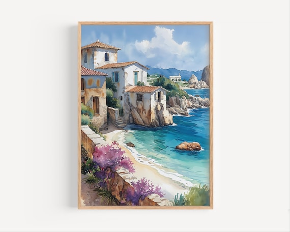 Paphos Cyprus Retro Seaside Villa Mediterranean Watercolor Poster