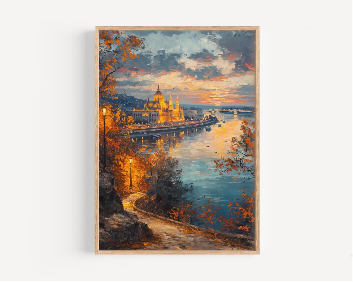 Budapest Parliament Danube Autumn Sunset Oil Painting Poster