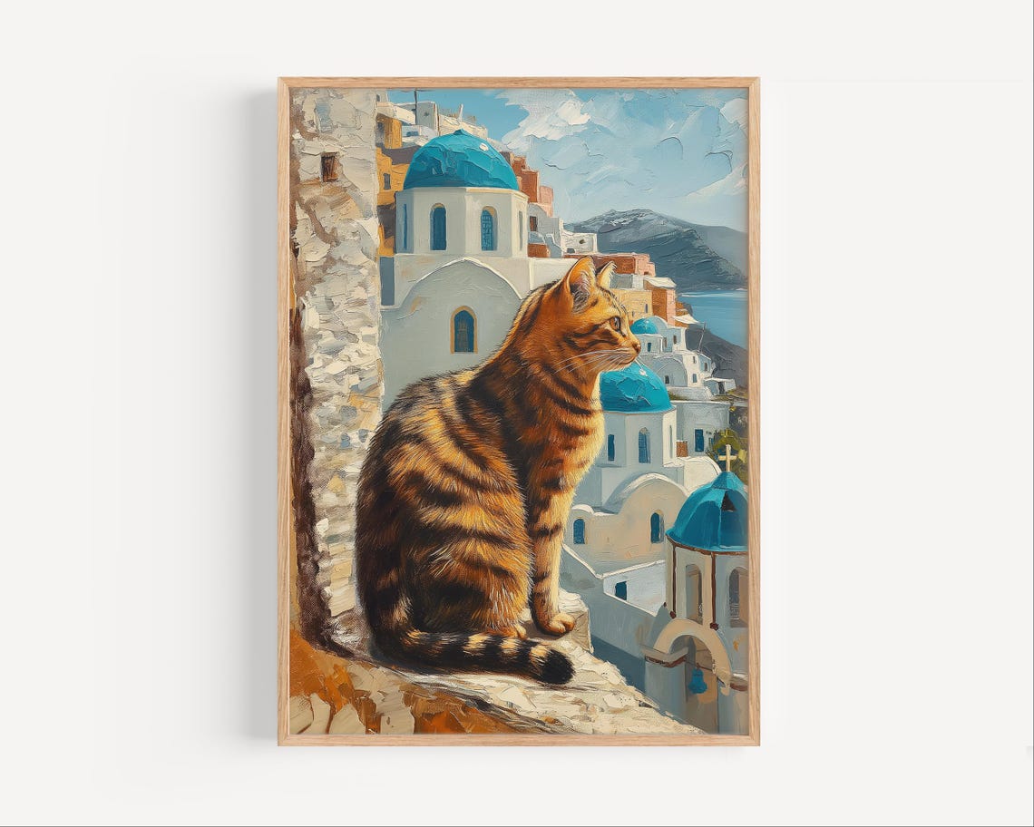 Orange Tabby Cat Overlooking Santorini Blue Domes Greece Poster