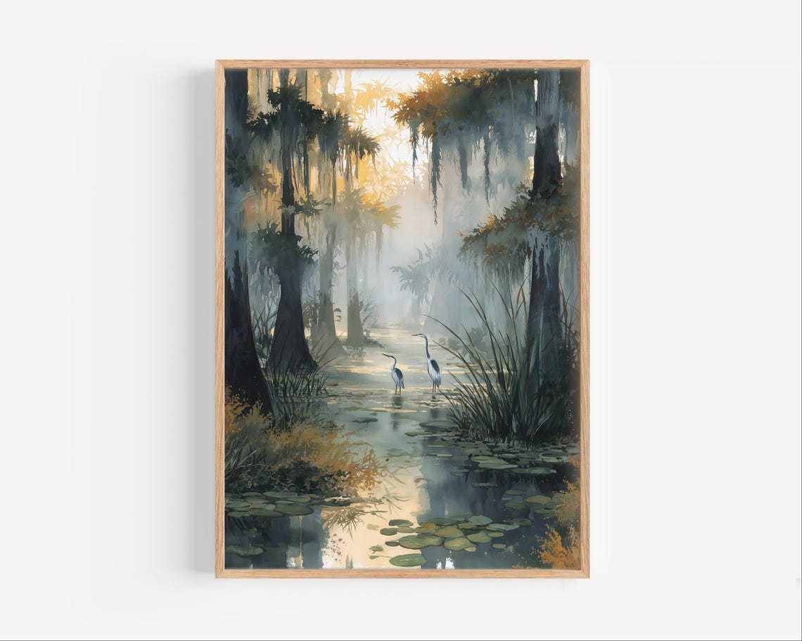 Two Herons in Misty Cypress Swamp at Morning Wildlife Poster