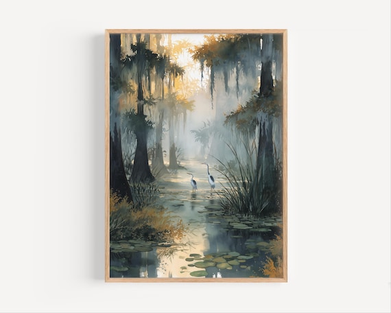 Two Herons in Misty Cypress Swamp at Morning Wildlife Poster
