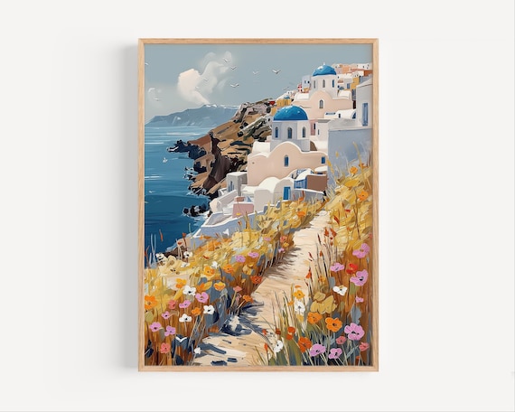 Sunlit Santorini Greece Blue Domes Wildflowers Cliff Path Poster