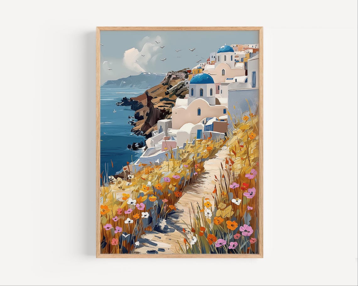 Sunlit Santorini Greece Blue Domes Wildflowers Cliff Path Poster