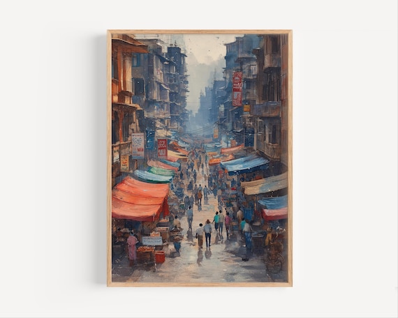 Karachi Street Market Watercolor Painting City Poster Print Or Canvas Travel Wall Art Gift Pakistan Bazaar