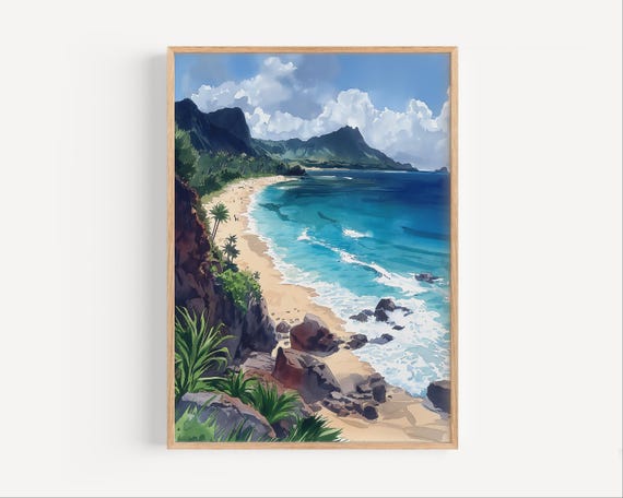 Oahu Beach Watercolor Painting Hawaii Wall Art Poster Or Canvas Print Hawaiian Coast Travel Gift Tropical
