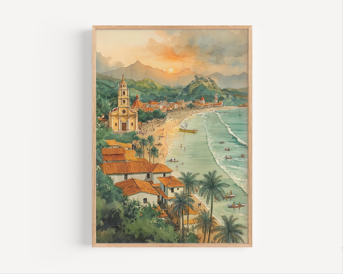 El Salvador Watercolor Beach Travel Poster, Retro Style