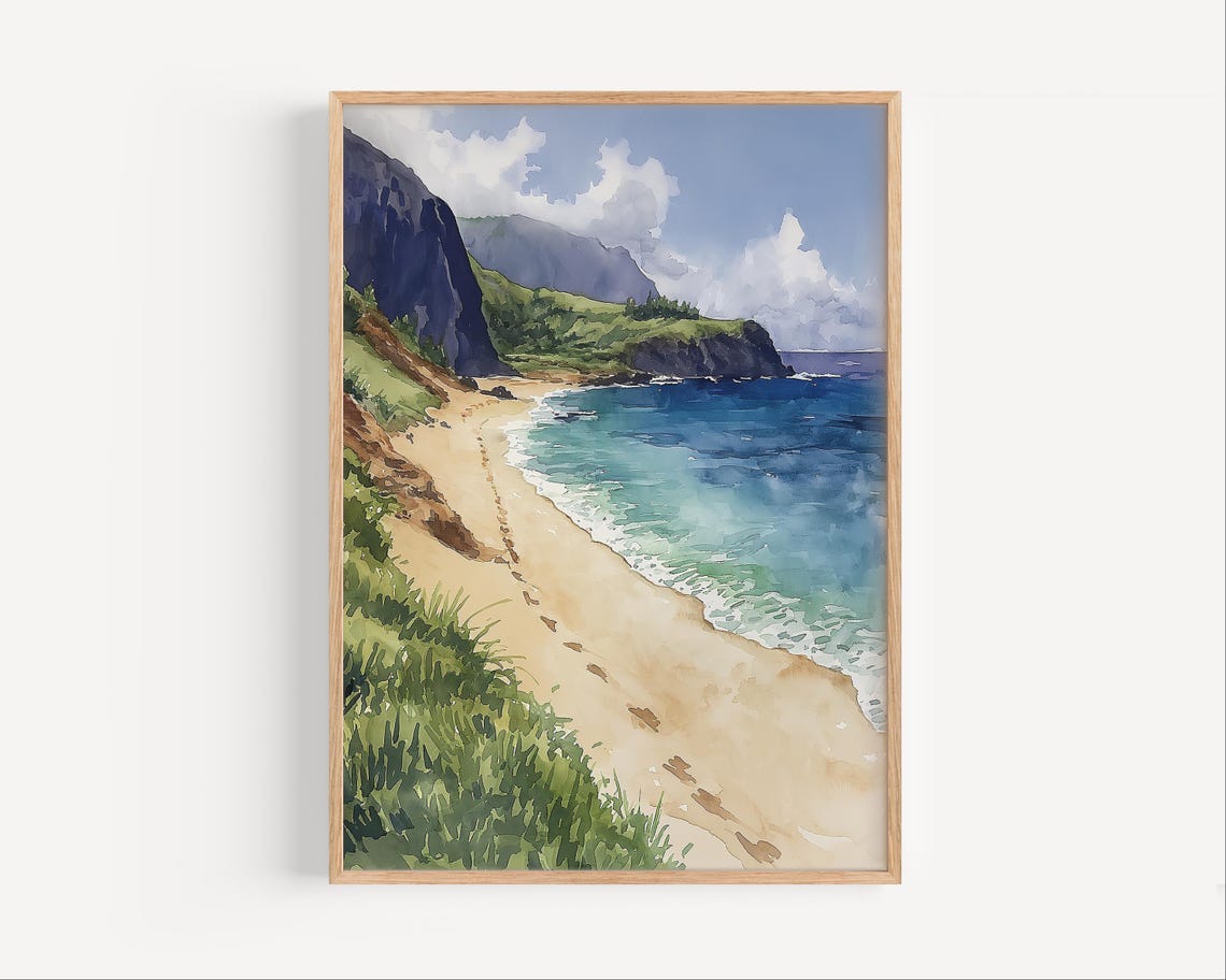 Lanai Hawaii Beach Watercolor Footprints Turquoise Sea Poster