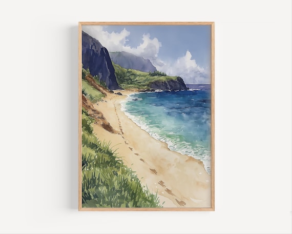 Lanai Hawaii Beach Watercolor Footprints Turquoise Sea Poster