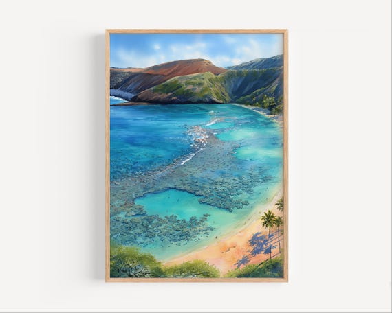 Hanauma Bay Hawaii Watercolor Painting Hawaiian Honolulu Wall Art Poster Or Canvas Print Oahu Coastline Travel Gift Coral Reef