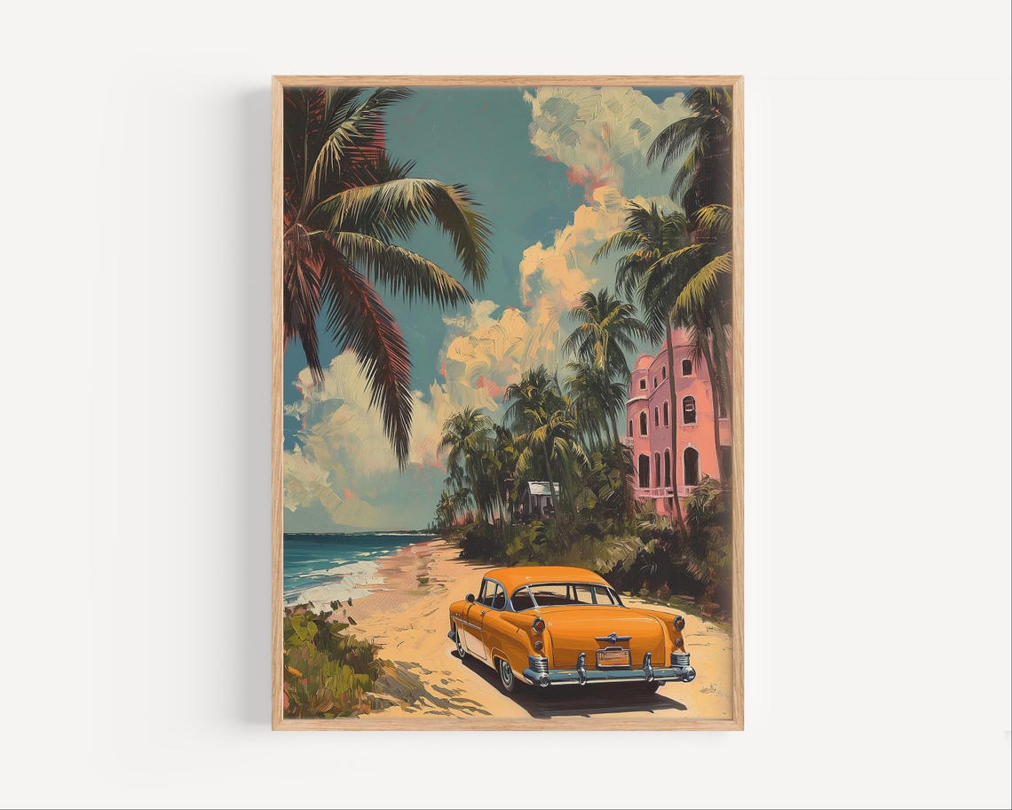 Orange Classic Car Tropical Beach Road Retro Travel Art Poster