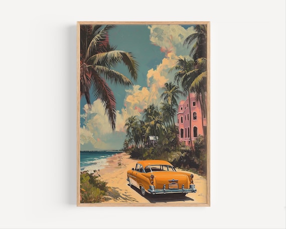 Orange Classic Car Tropical Beach Road Retro Travel Art Poster