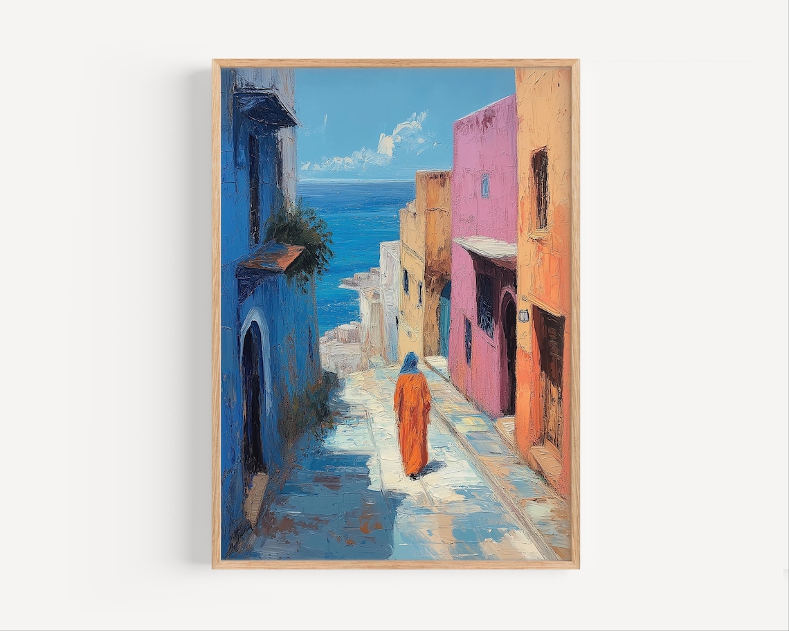 Rabat Morocco Colorful Medina Street Oil Painting Travel Poster