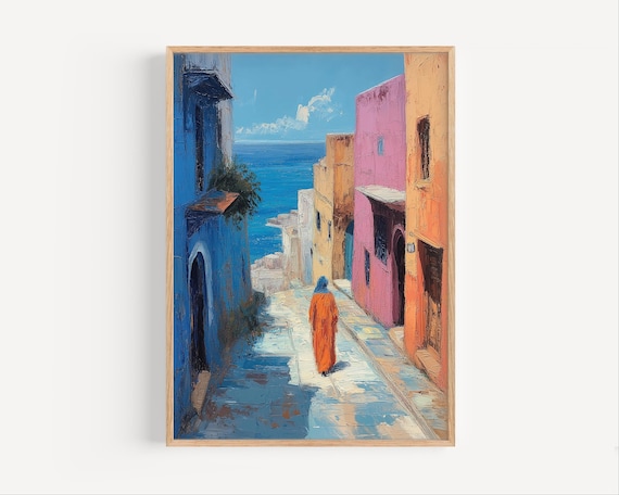 Rabat Morocco Colorful Medina Street Oil Painting Travel Poster
