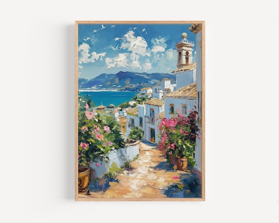 Estepona Spain Sunny Street With Sea View Oil Painting Poster