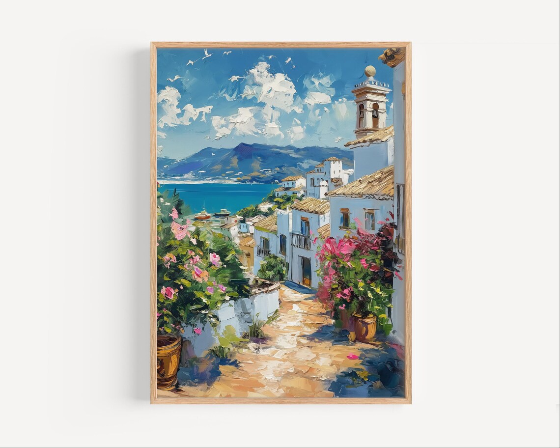 Estepona Spain Sunny Street With Sea View Oil Painting Poster