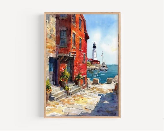 Portland Maine Casco Bay Lighthouse Watercolor Travel Wall Poster