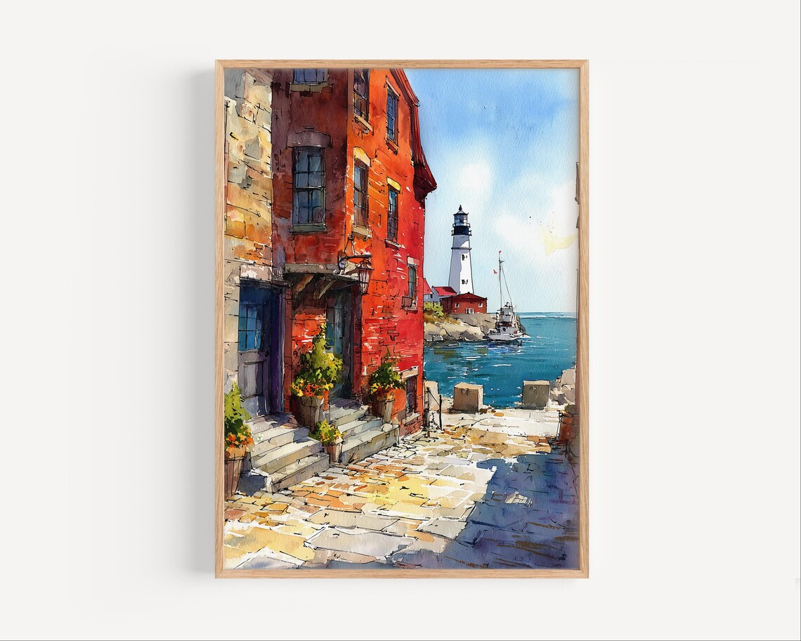 Portland Maine Casco Bay Lighthouse Watercolor Travel Wall Poster