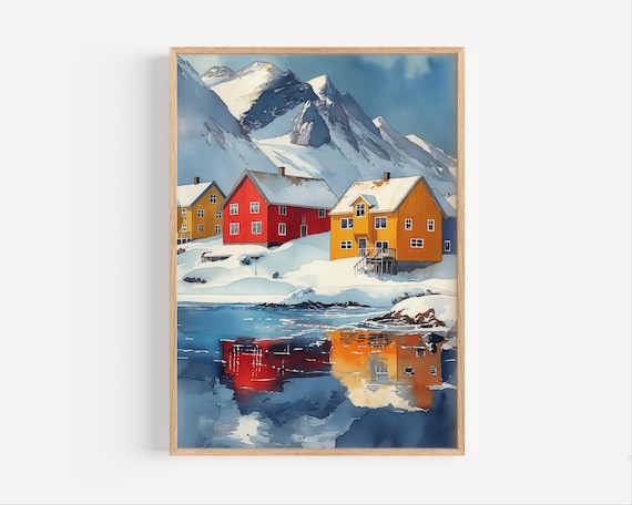 Snowy Svalbard Cabins Colorful Houses Winter Watercolor Poster