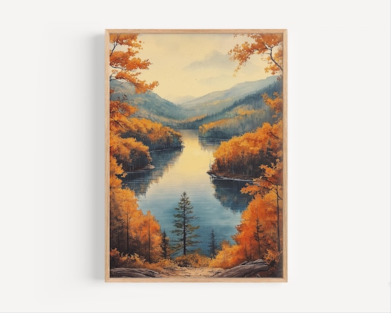 Shawnee State Park Autumn Lake Golden Trees Oil Painting Poster