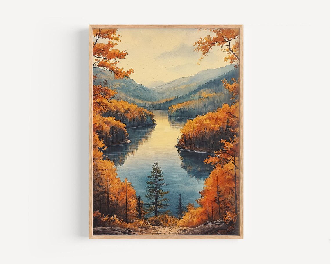 Shawnee State Park Autumn Lake Golden Trees Oil Painting Poster