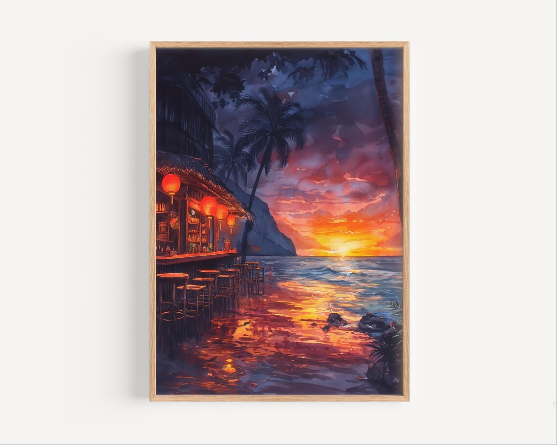 Hawaiian Beach Bar Lanterns Sunset Watercolor Coastal Poster