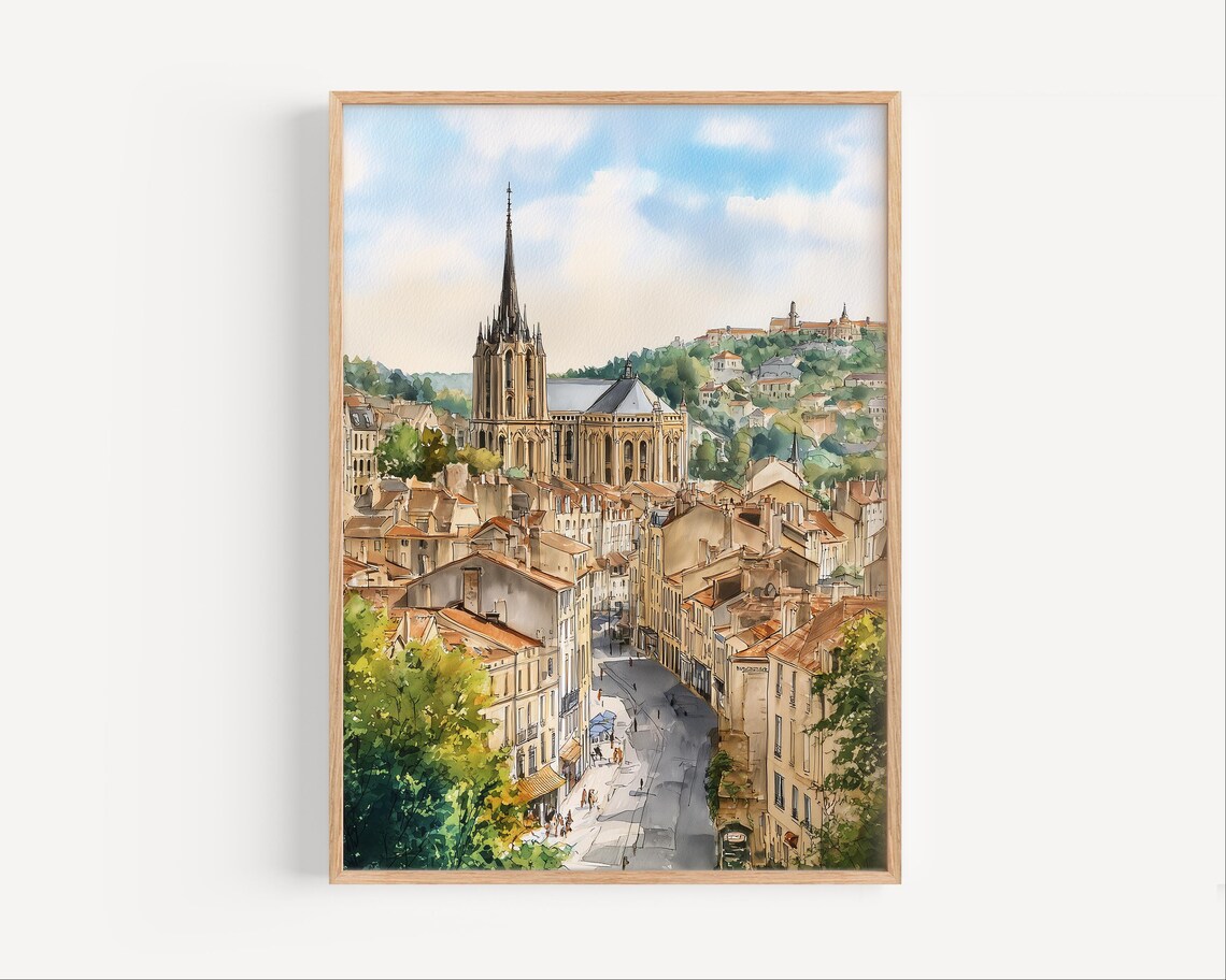 Poitiers France Gothic Cathedral Old Town Watercolor Street View Poster