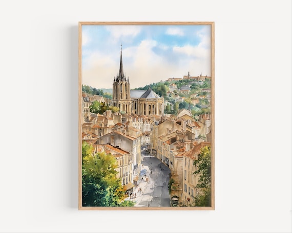 Poitiers France Watercolor Print Historical Cityscape Painting Travel Art French Wall Decor