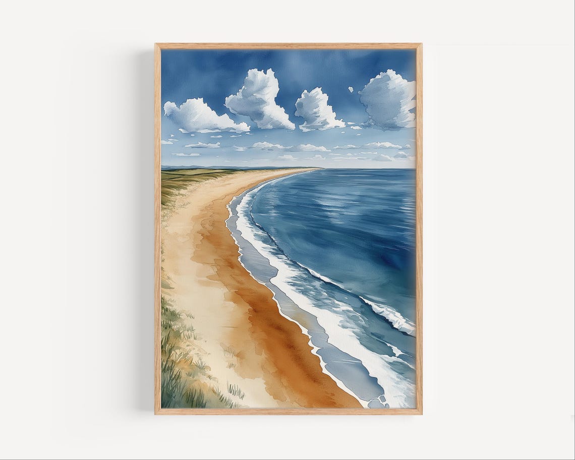 Jones Beach Sandy Shoreline Watercolor Waves Coastal Scene Poster