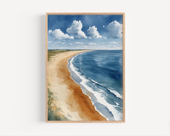 Jones Beach Sandy Shoreline Watercolor Waves Coastal Scene Poster