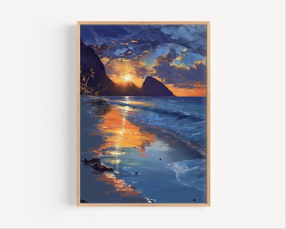 Saint Lucia Oil Painting Caribbean Island Travel Poster Print Or Canvas Wall Art Gift Tropical Piton Sunset Souvenir Paint Style