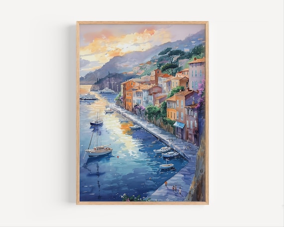 Villefranche Sur Mer Harbor Sunset Watercolor French Riviera Poster