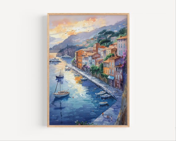 Villefranchesurmer Watercolor Painting France Dazur Region Europe Seaside Travel Poster Print Or Canvas French Ocean Wall Art Gift Mer