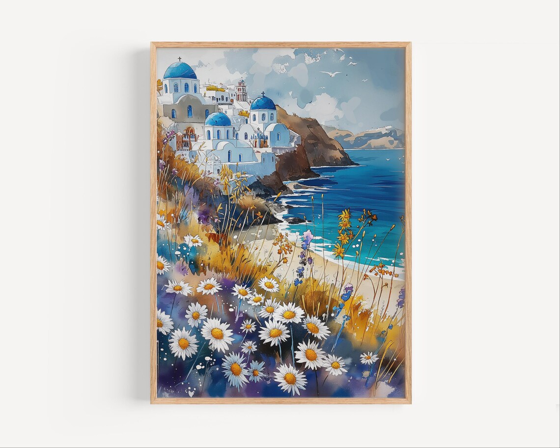 Santorini Greece Wildflowers Watercolor Blue Dome Churches Poster