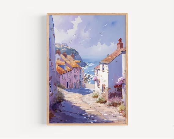 Porthoustock England Coastal Village Watercolor Travel Poster