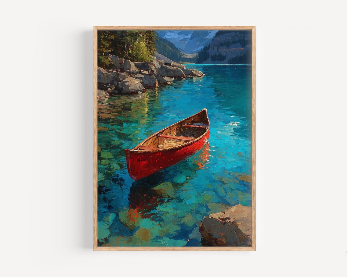 Red Canoe Floating Turquoise Alpine Lake Oil Painting Poster